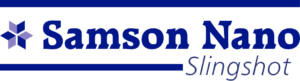 Logo for Samson Nano Slingshot: blue geometric star icon to the left of bold 'Samson Nano' text with 'Slingshot' in script beneath on a white background.